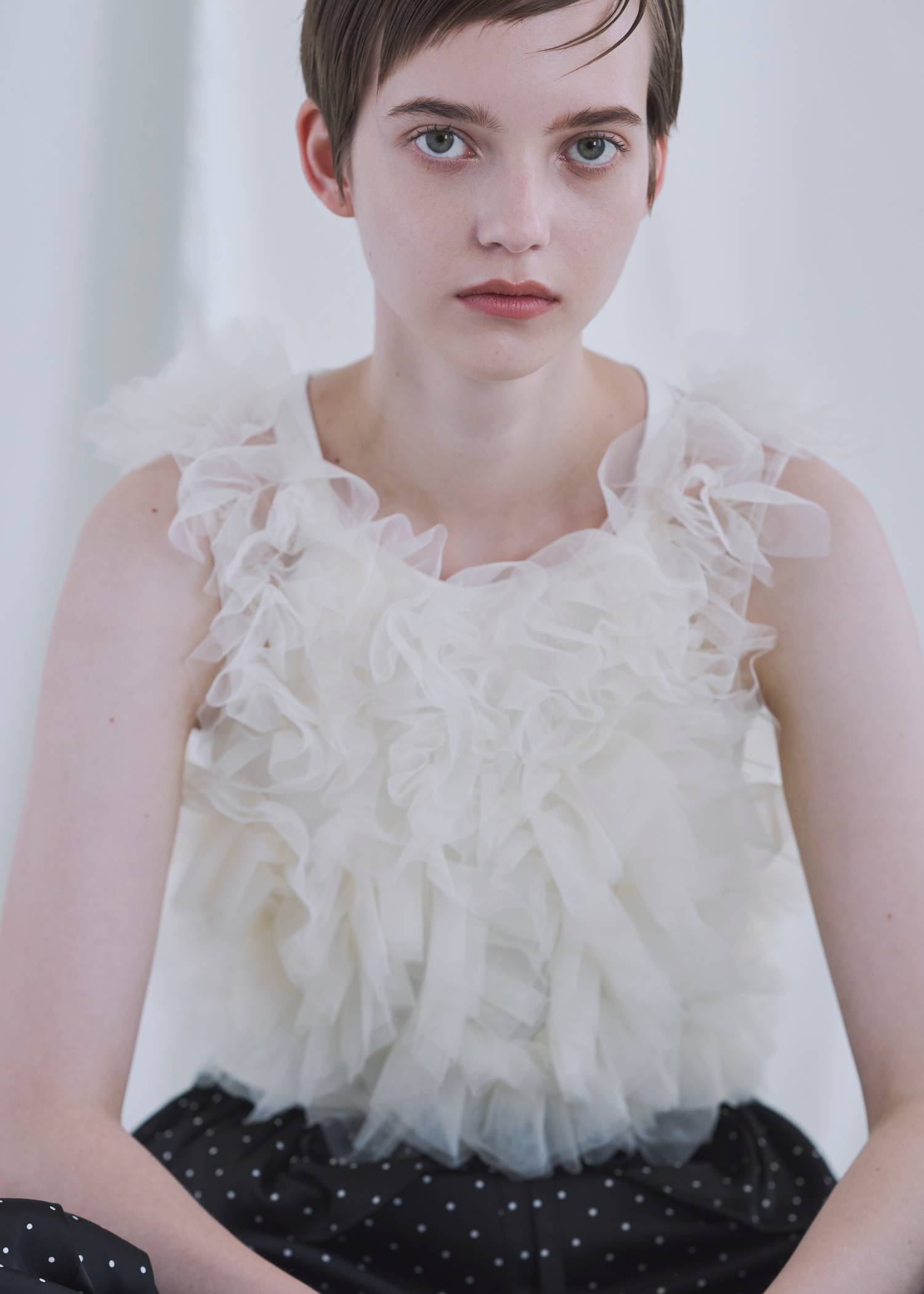 random gather tulle vest sheer blouse SET