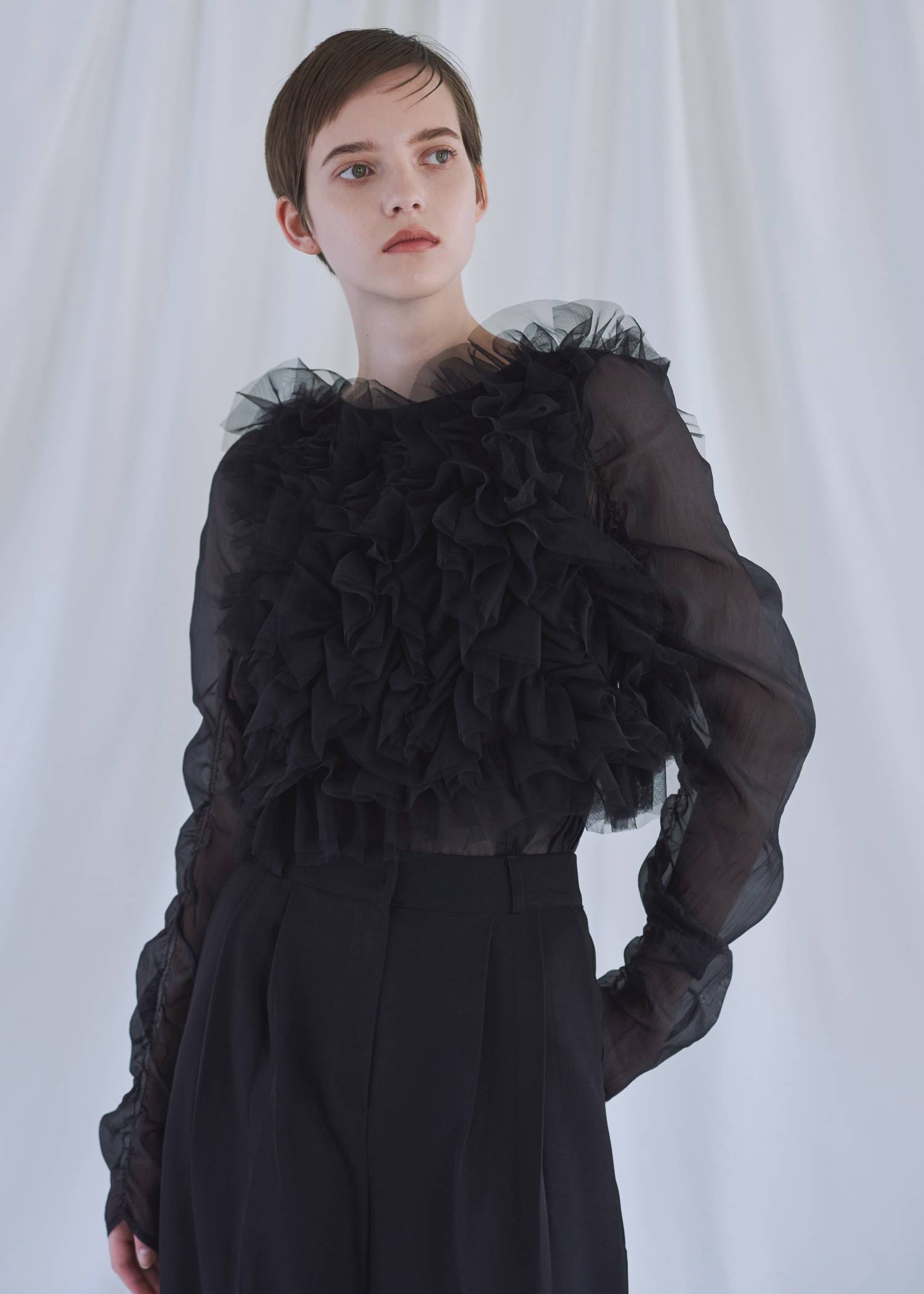 random gather tulle vest sheer blouse SET