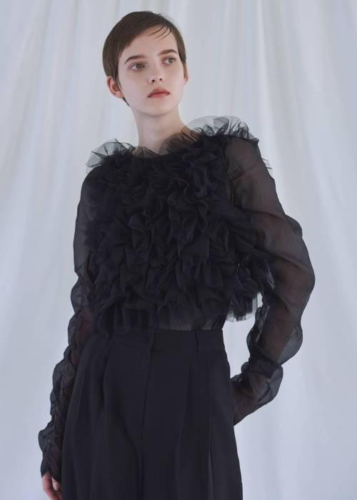 random gather tulle vest sheer blouse SET