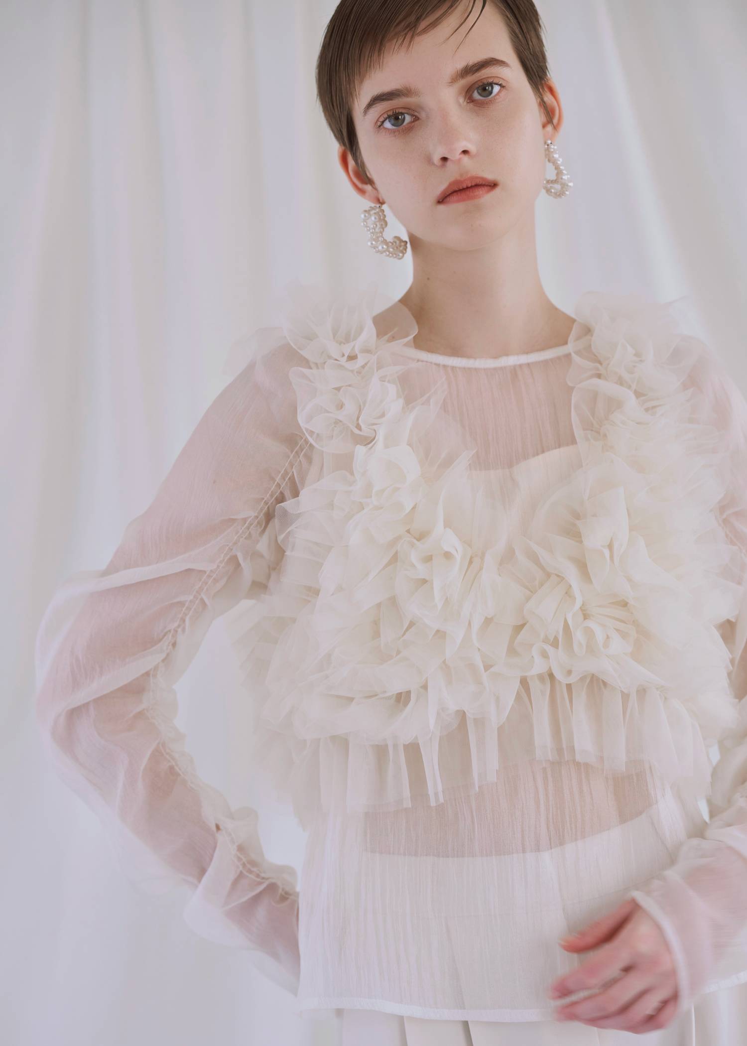 random gather tulle vest sheer blouse SET