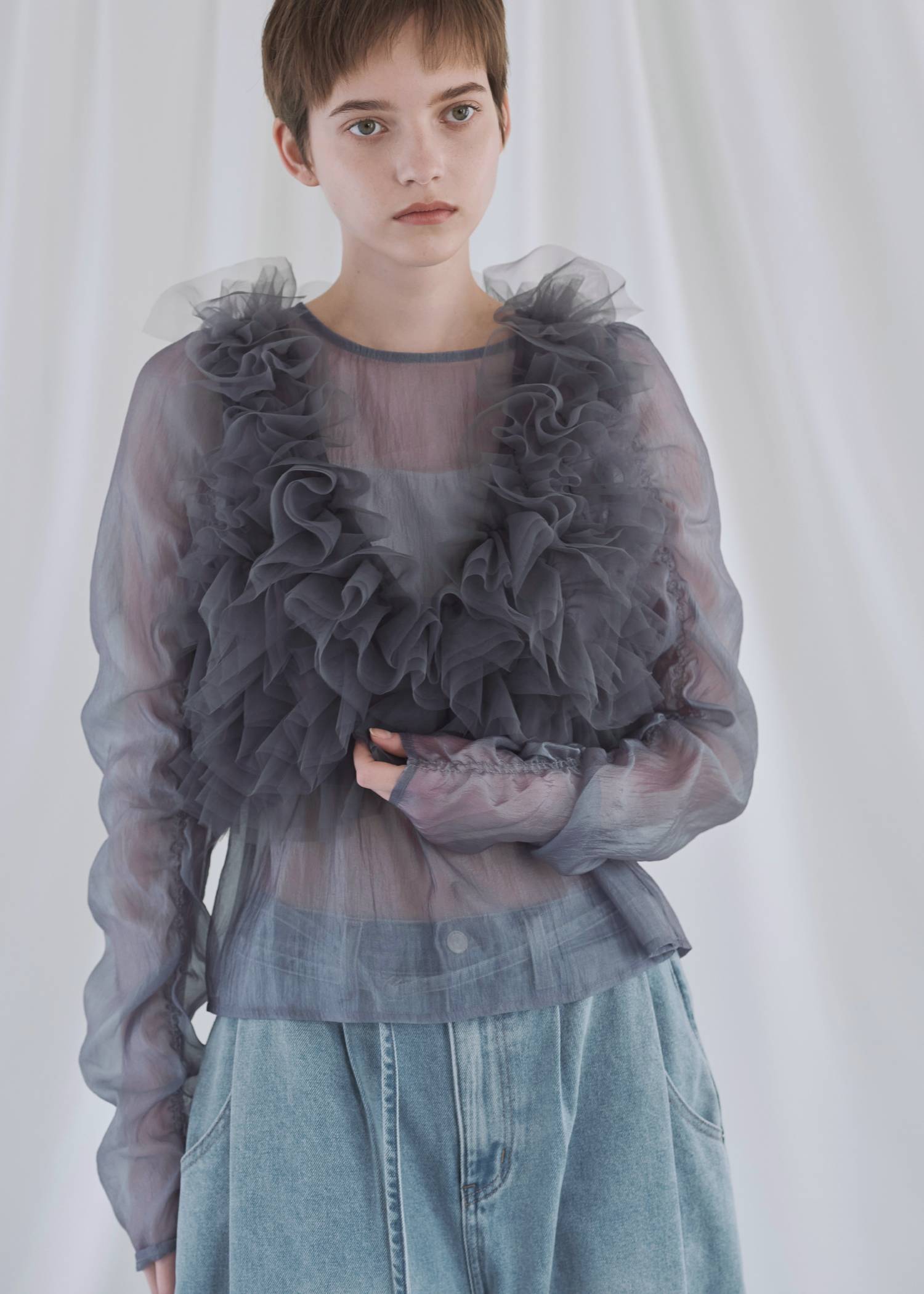 random gather tulle vest sheer blouse SET