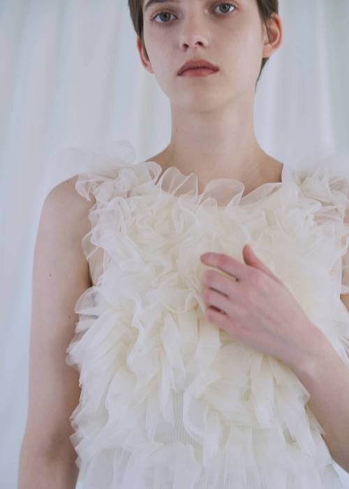 random gather tulle vest sheer blouse SET