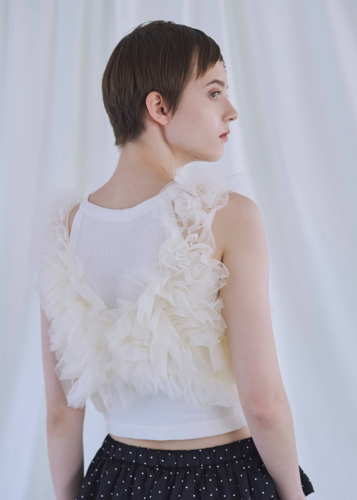 random gather tulle vest sheer blouse SET