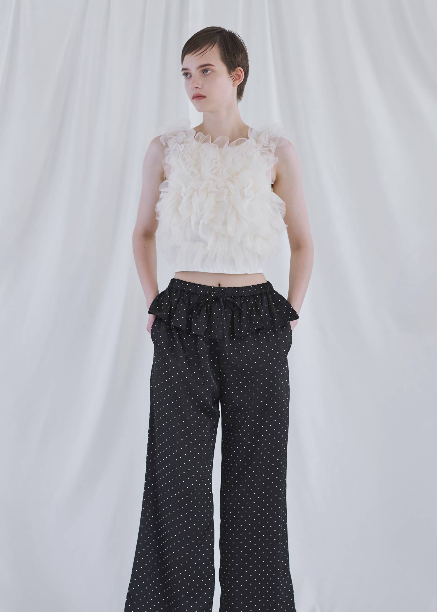 random gather tulle vest sheer blouse SET