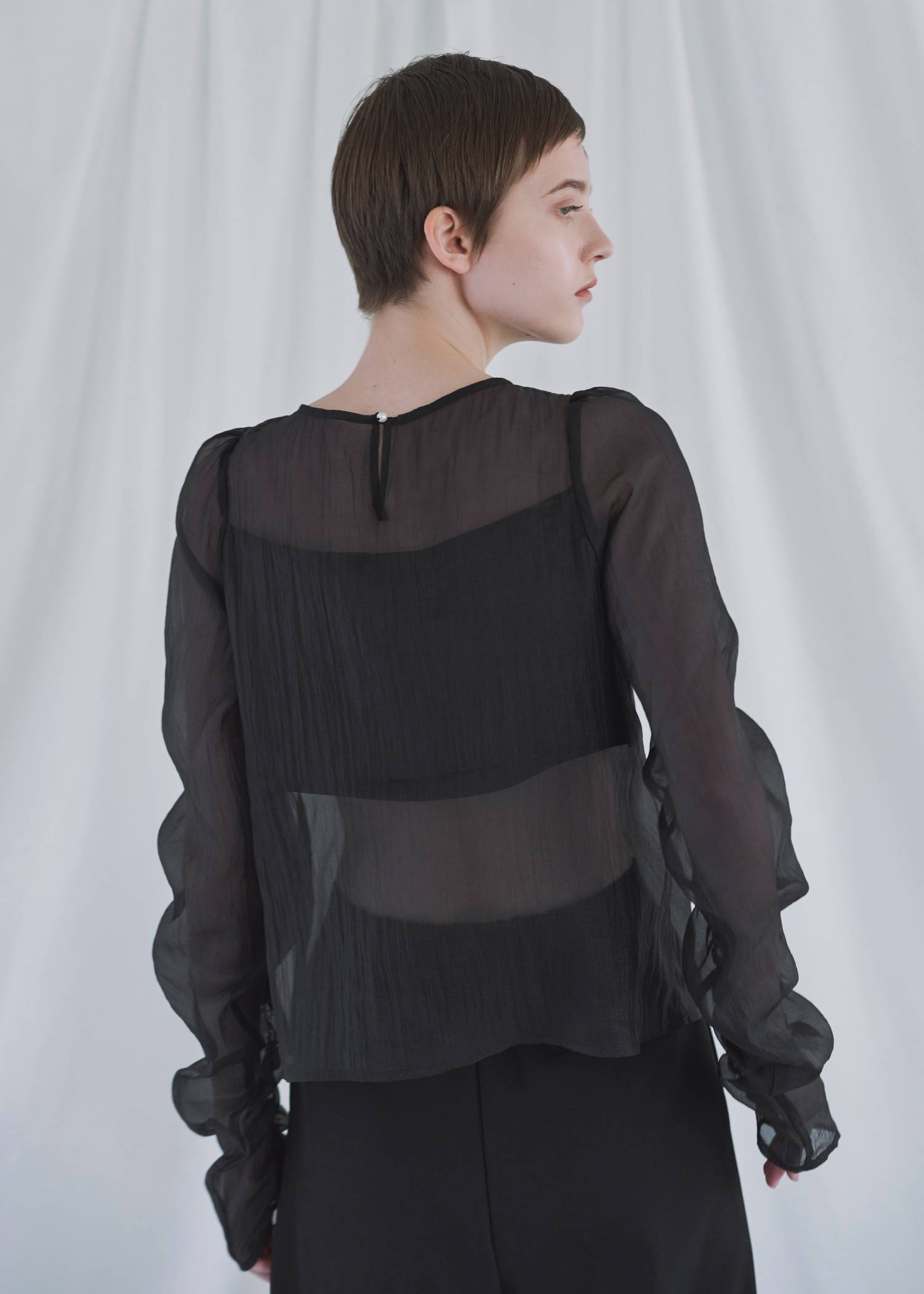 random gather tulle vest sheer blouse SET