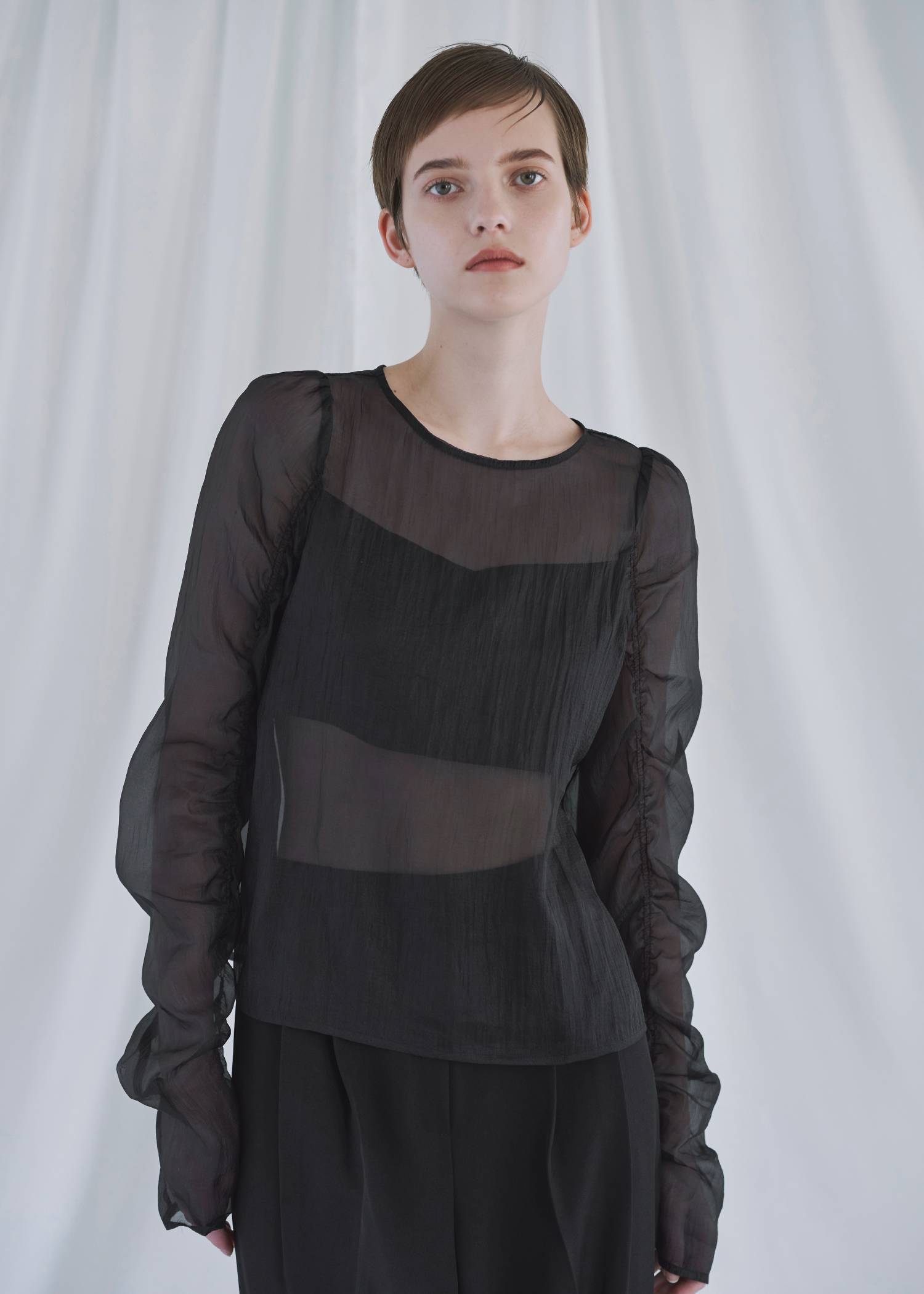 random gather tulle vest sheer blouse SET