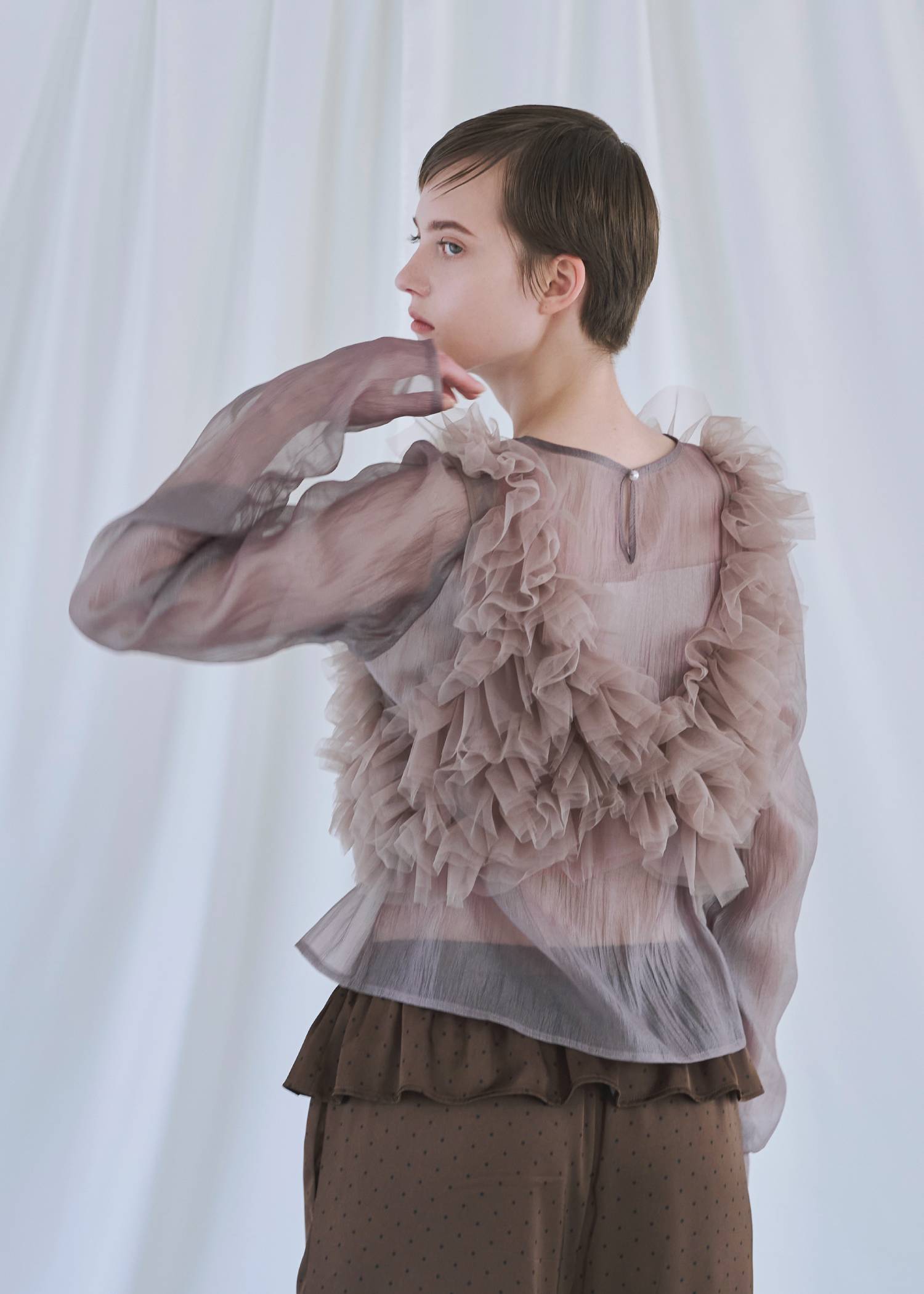 random gather tulle vest sheer blouse SET