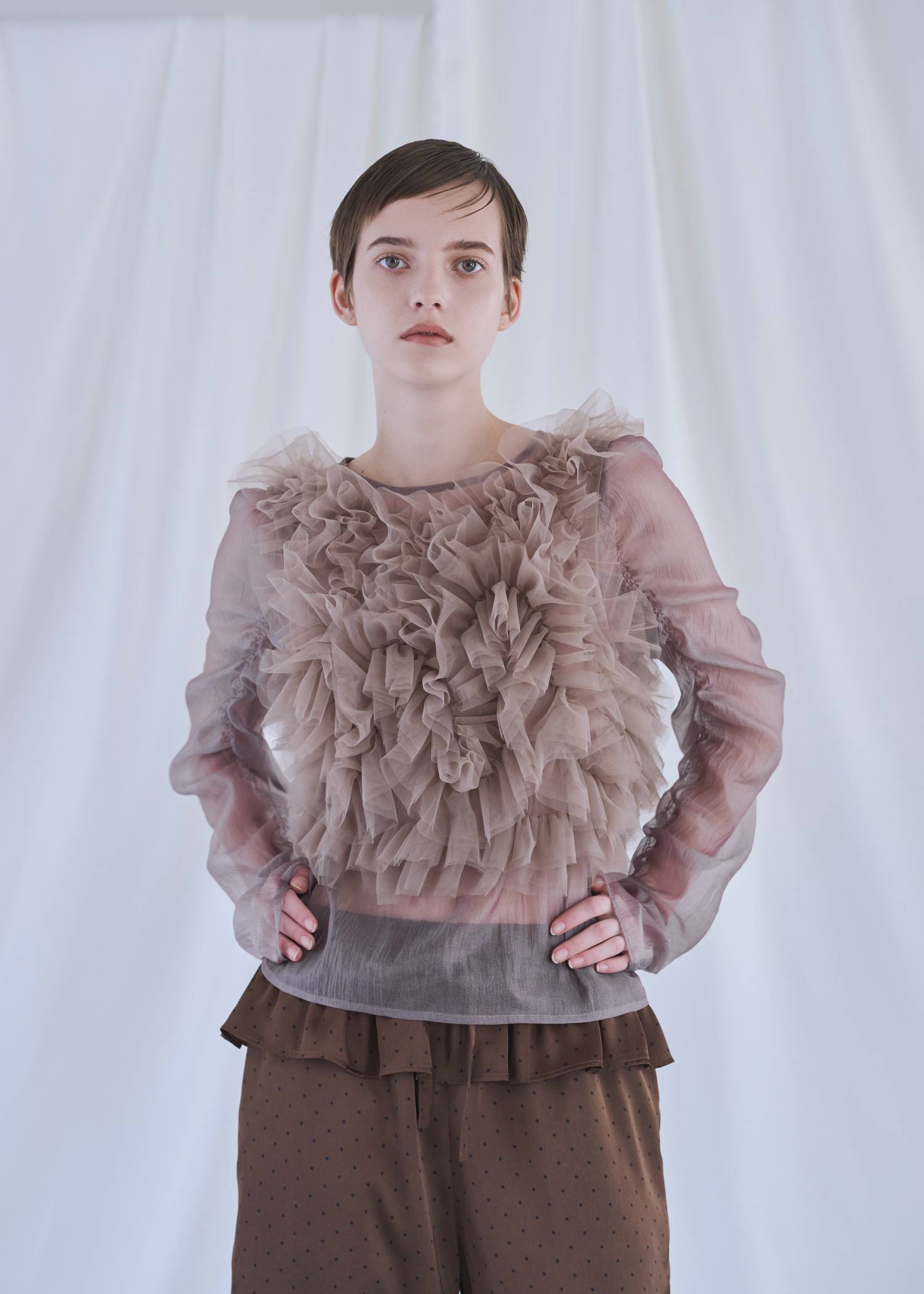 random gather tulle vest sheer blouse SET