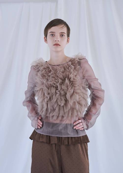 random gather tulle vest sheer blouse SET