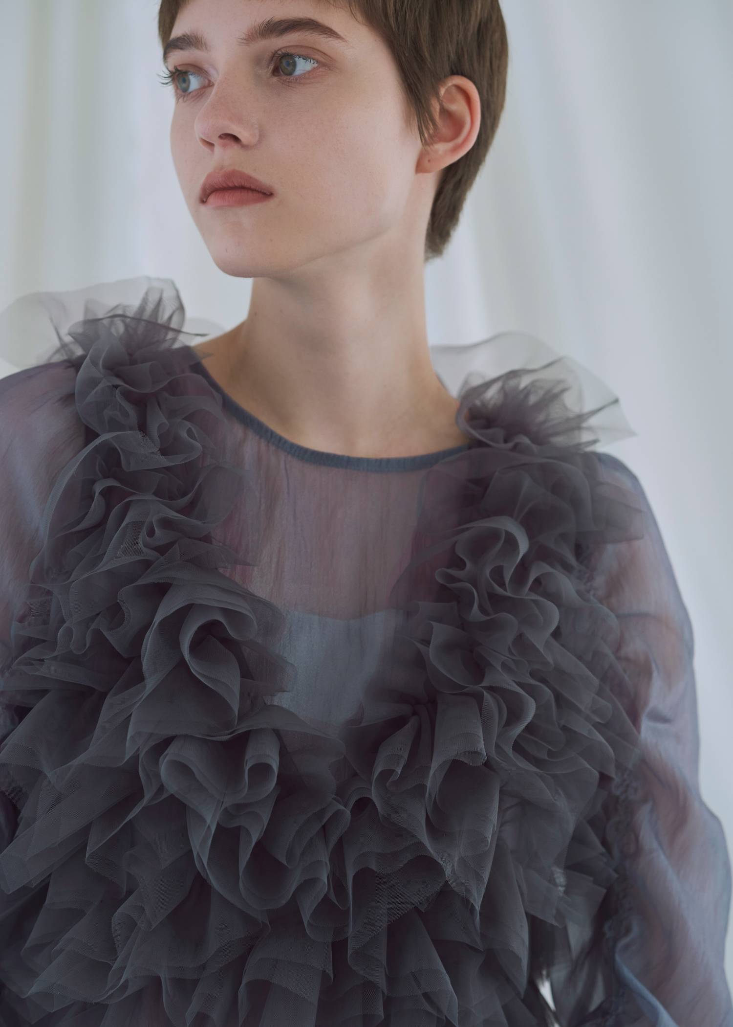 random gather tulle vest sheer blouse SET