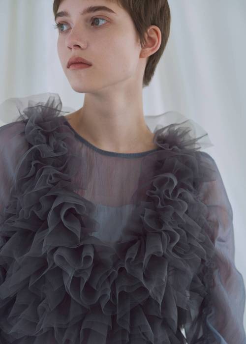 random gather tulle vest sheer blouse SET