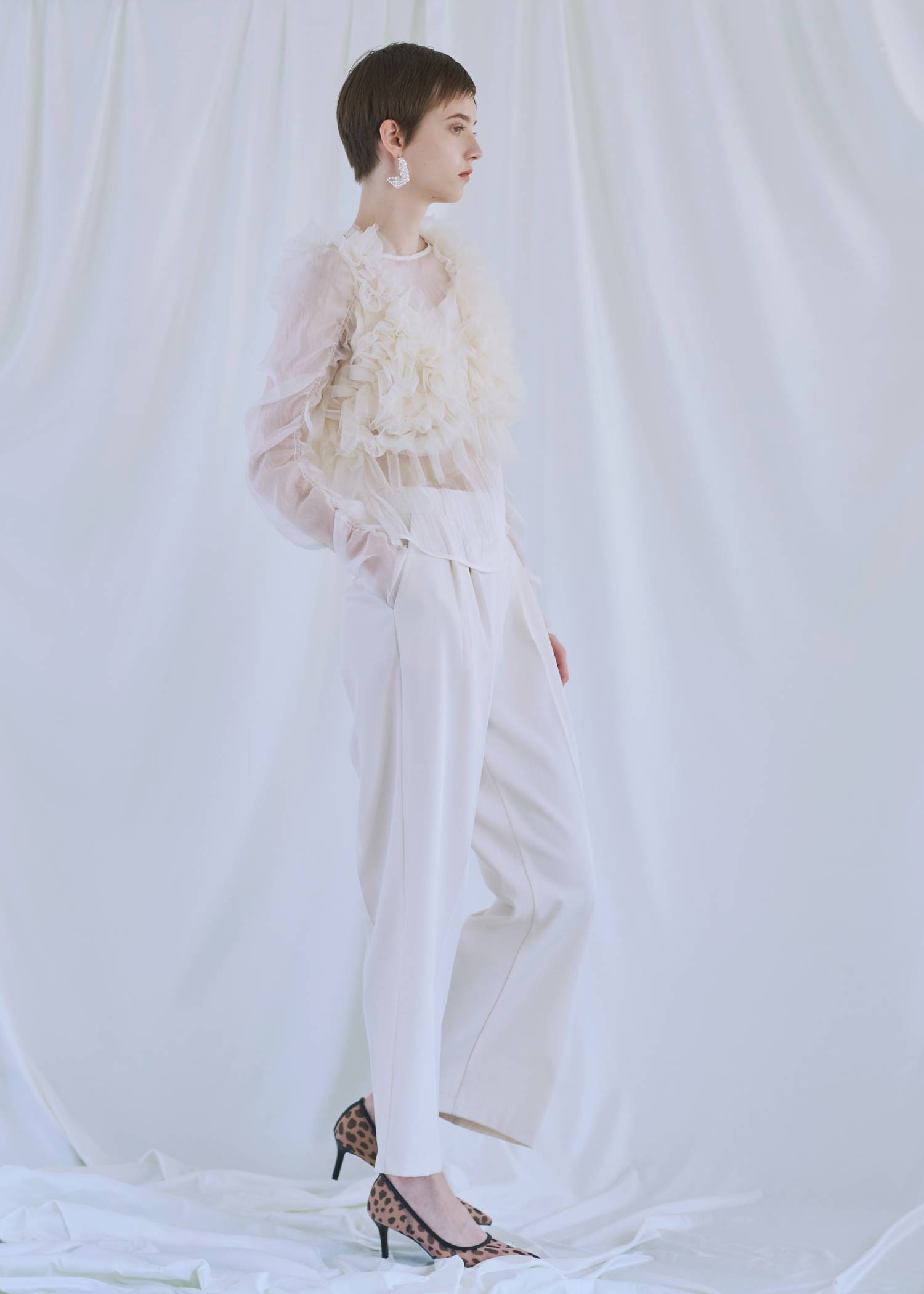 random gather tulle vest sheer blouse SET