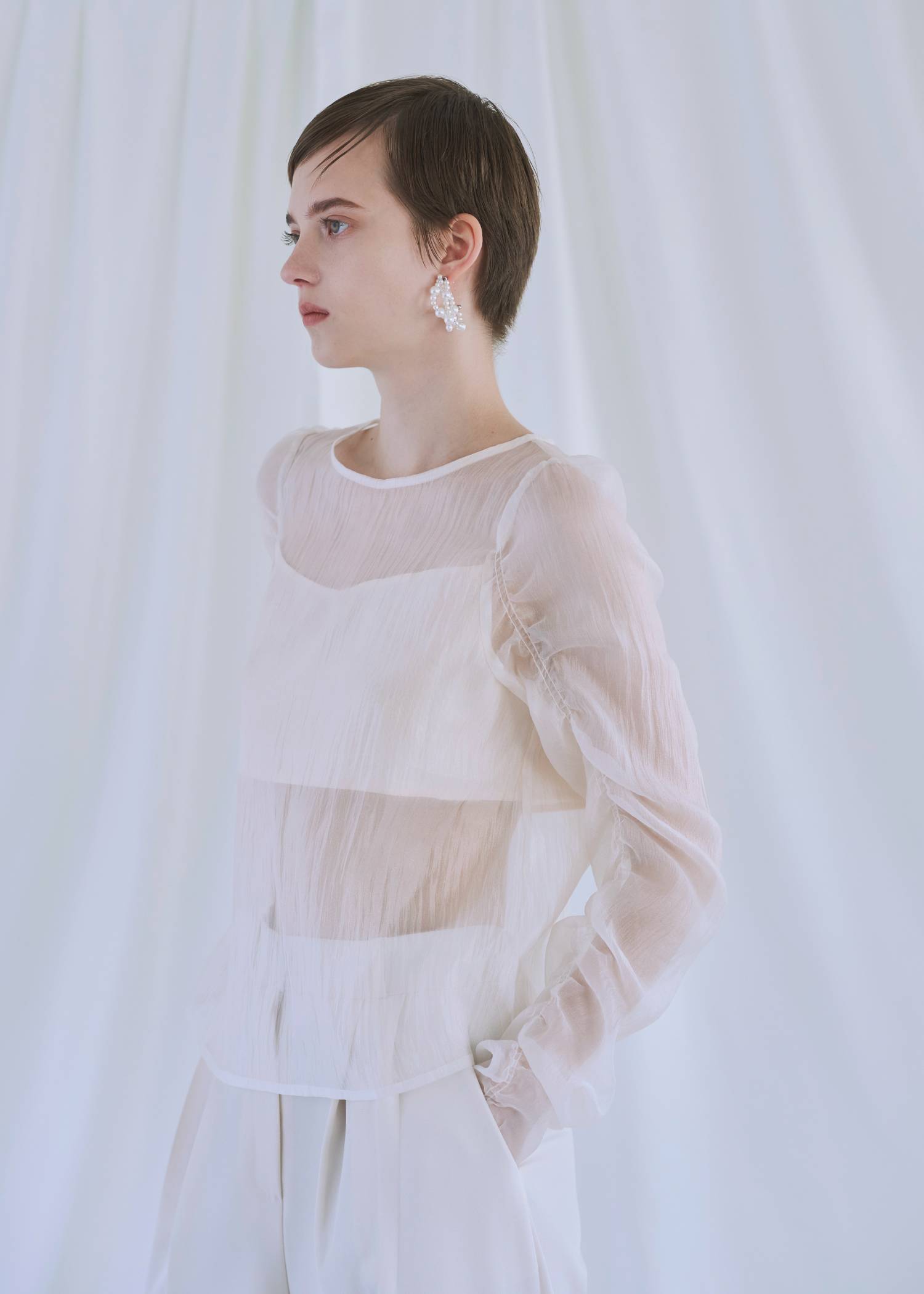 random gather tulle vest sheer blouse SET