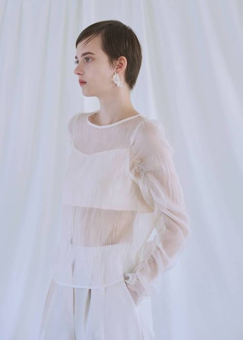 random gather tulle vest sheer blouse SET