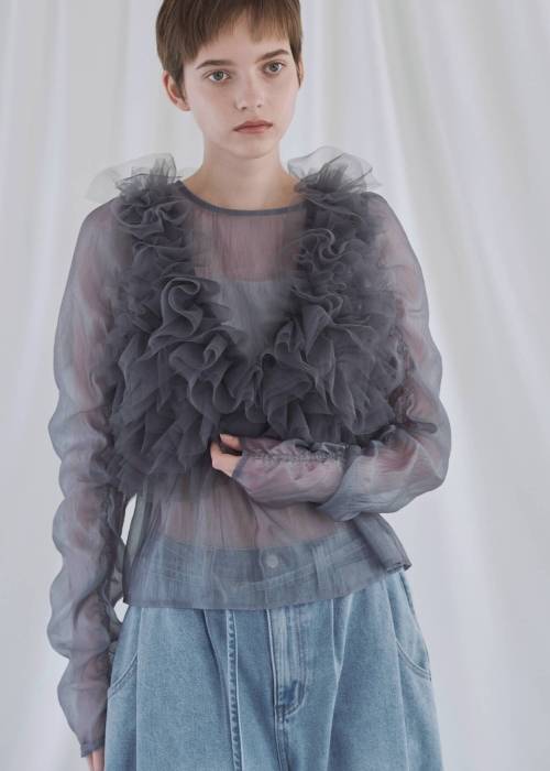 random gather tulle vest sheer blouse SET