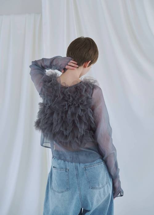 random gather tulle vest sheer blouse SET