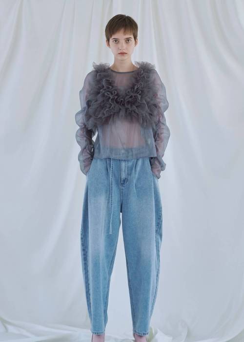 random gather tulle vest sheer blouse SET