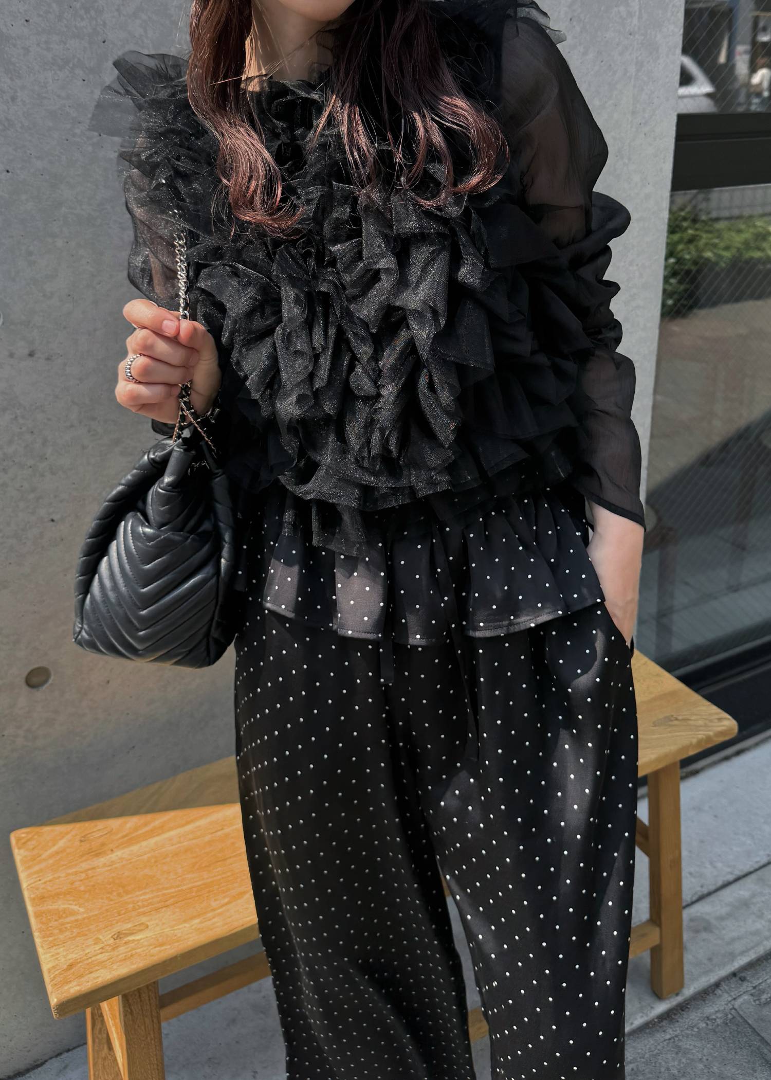 random gather tulle vest sheer blouse SET
