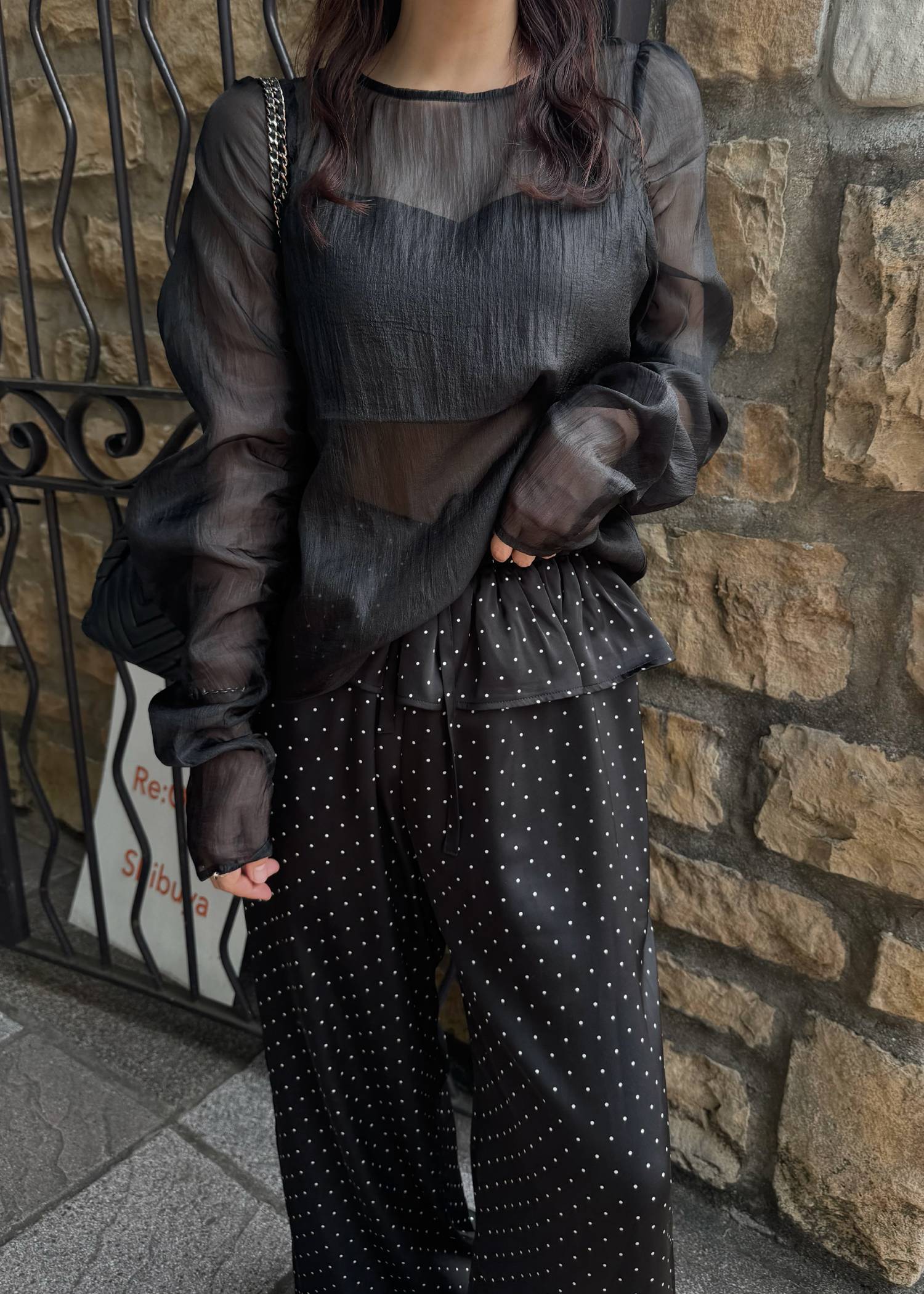 random gather tulle vest sheer blouse SET