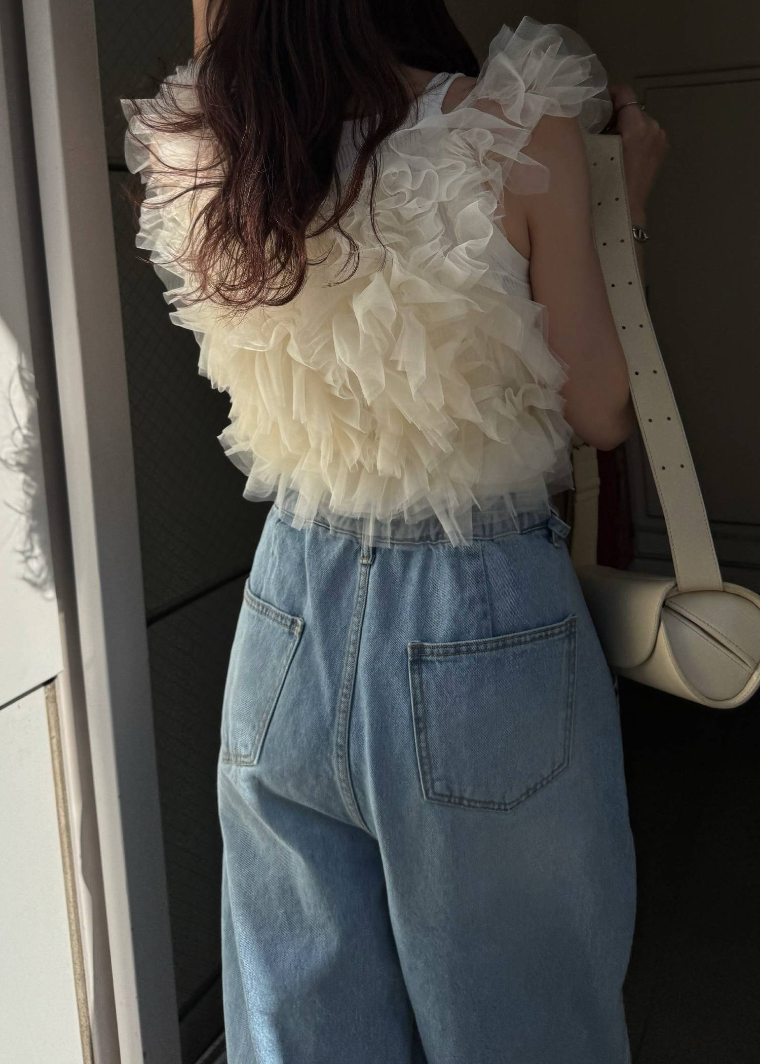 random gather tulle vest sheer blouse SET