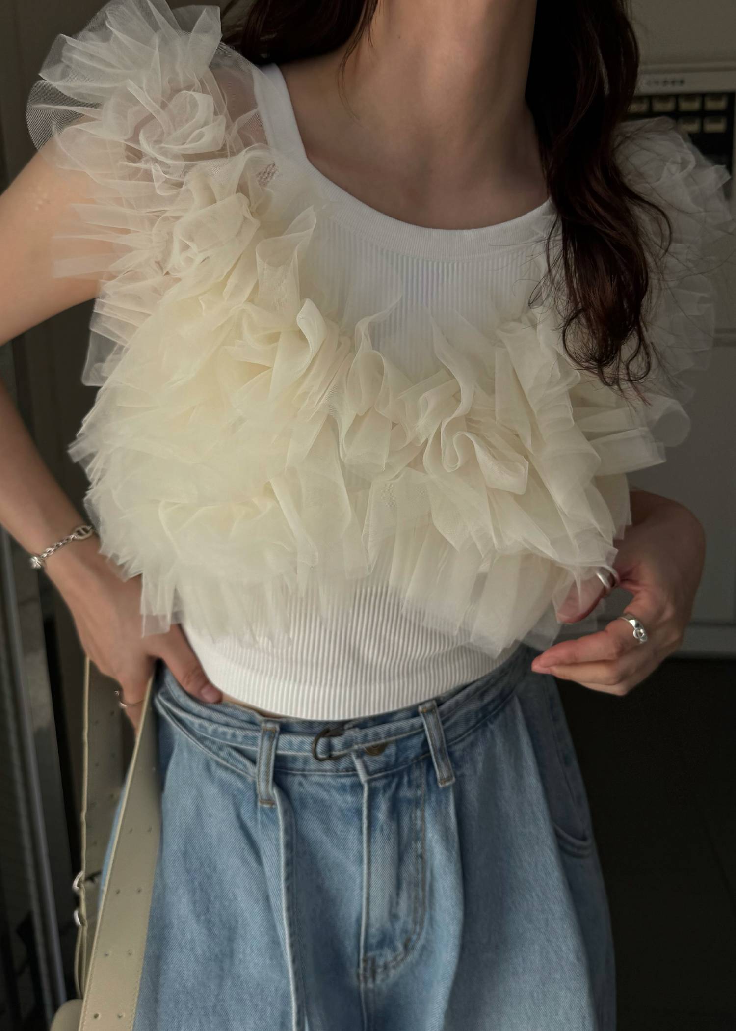 random gather tulle vest sheer blouse SET