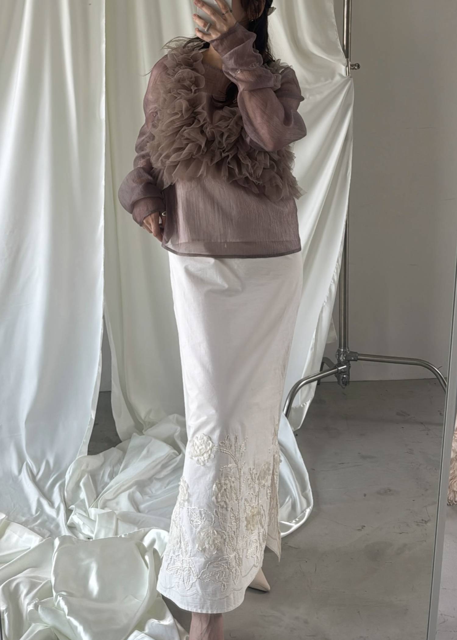 random gather tulle vest sheer blouse SET