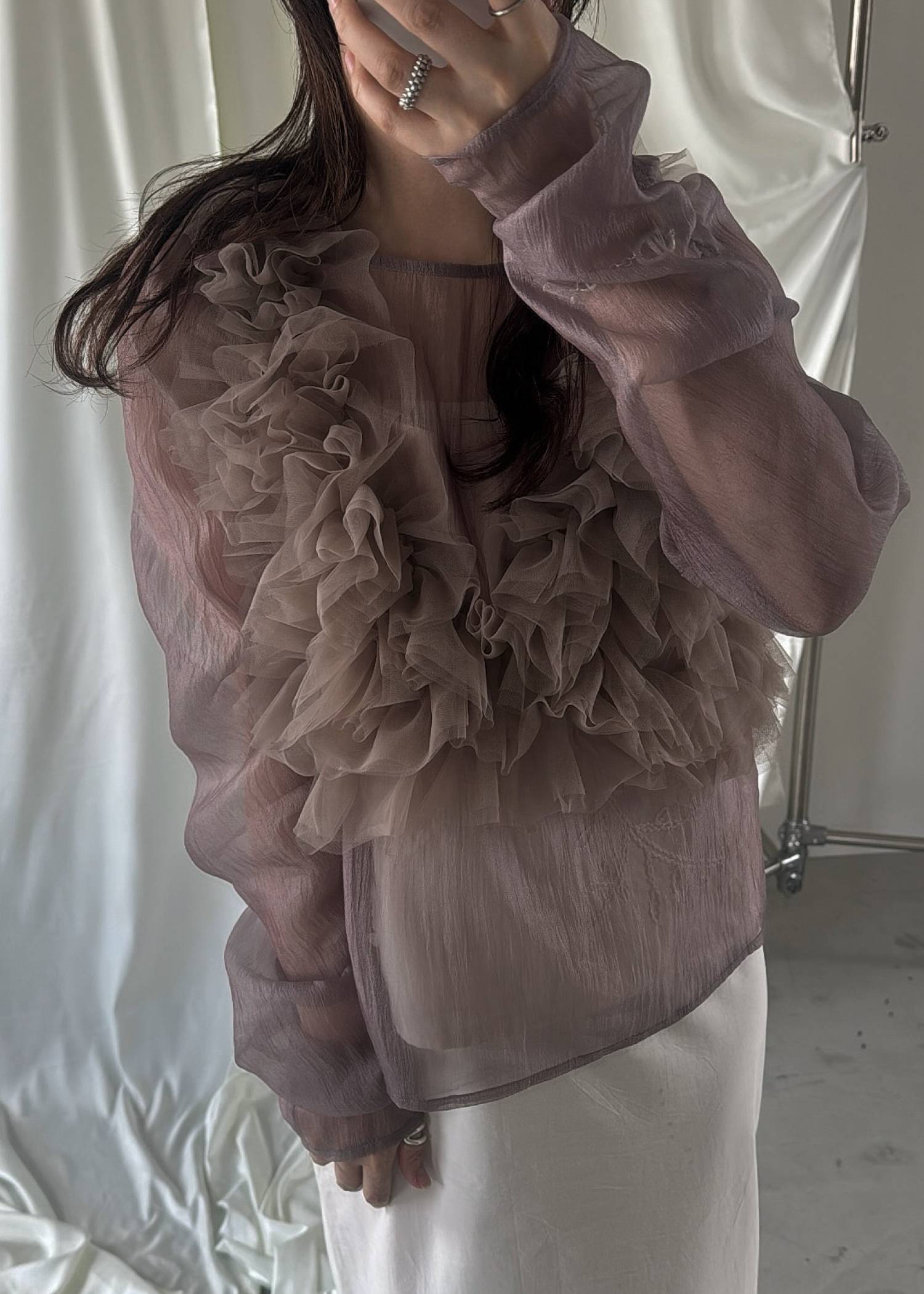 random gather tulle vest sheer blouse SET
