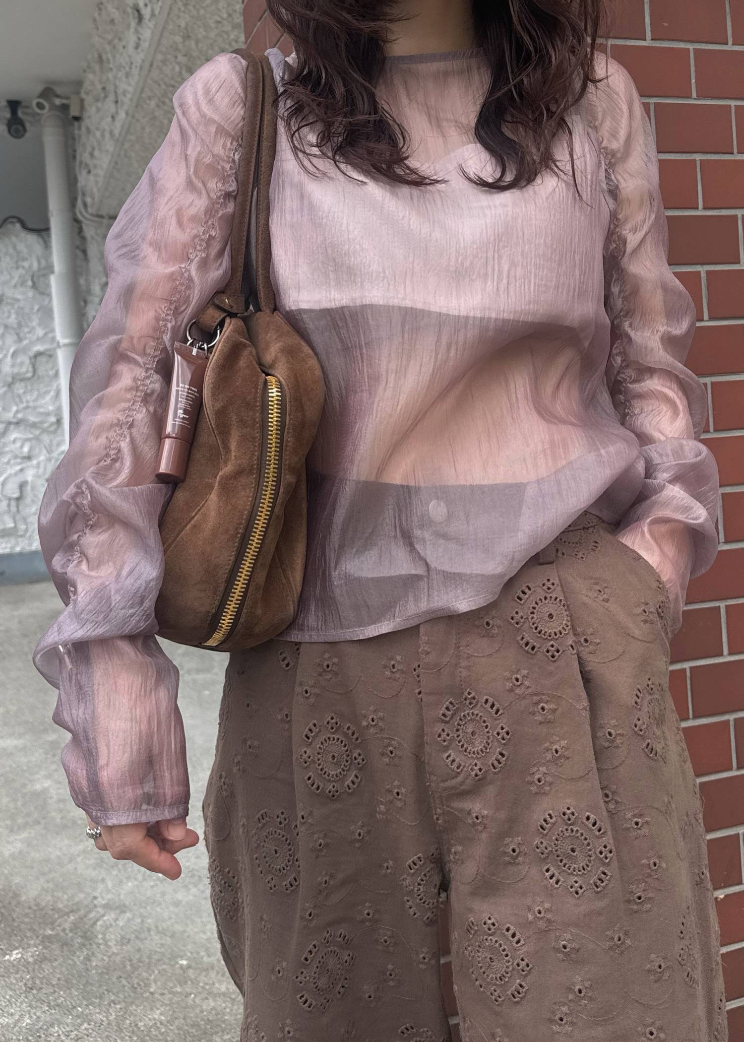 random gather tulle vest sheer blouse SET