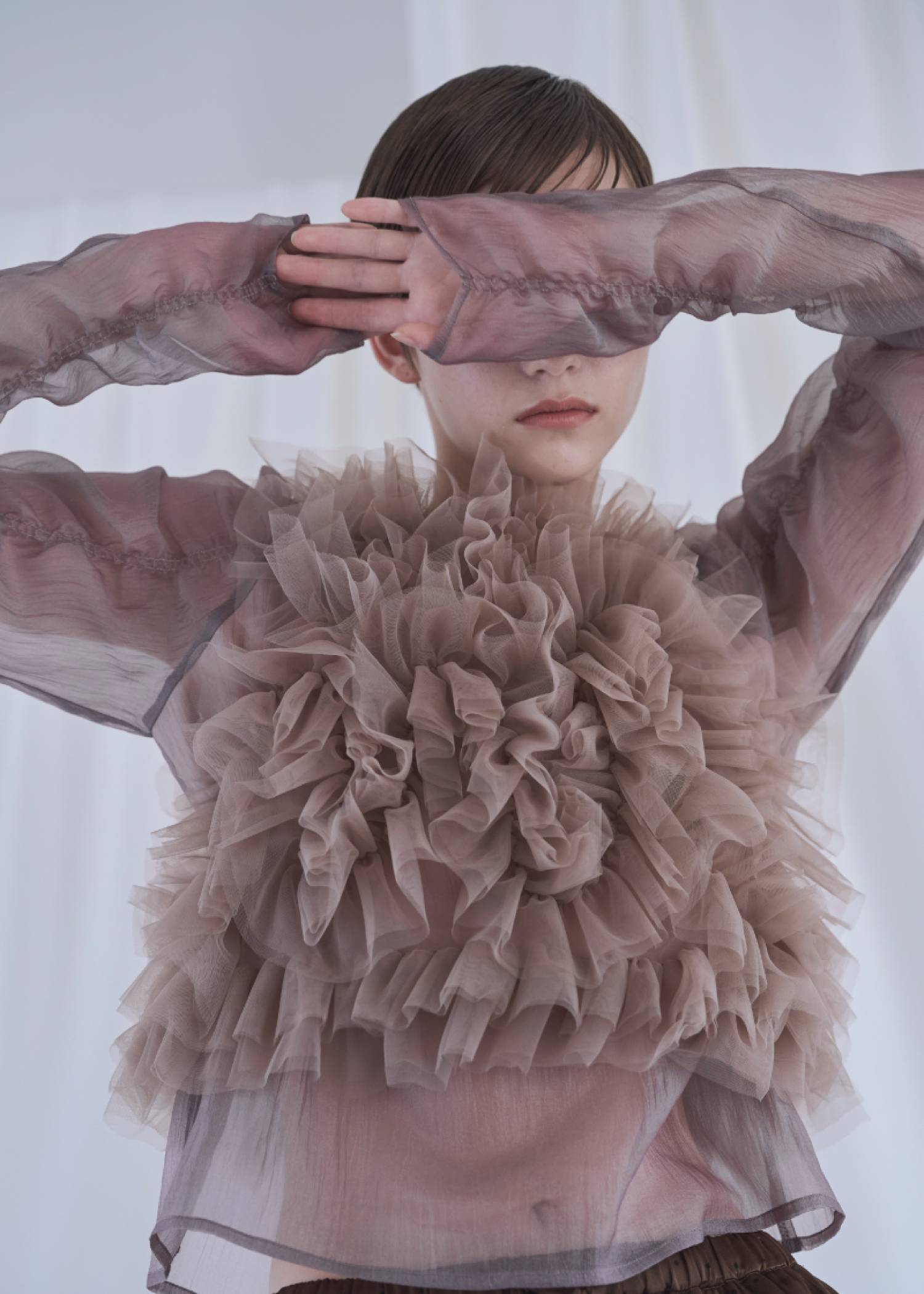 random gather tulle vest sheer blouse SET