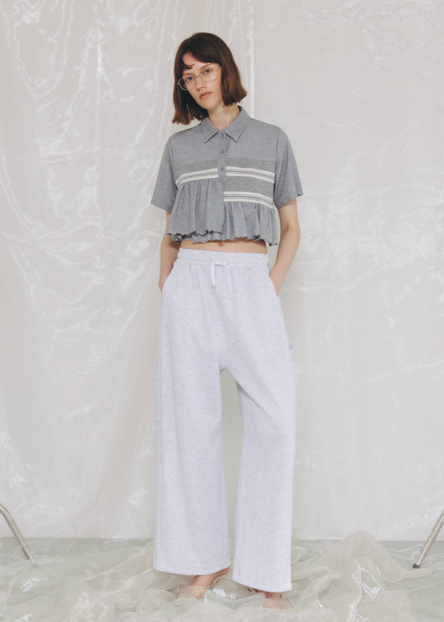 random frill pique cropped polo shirt