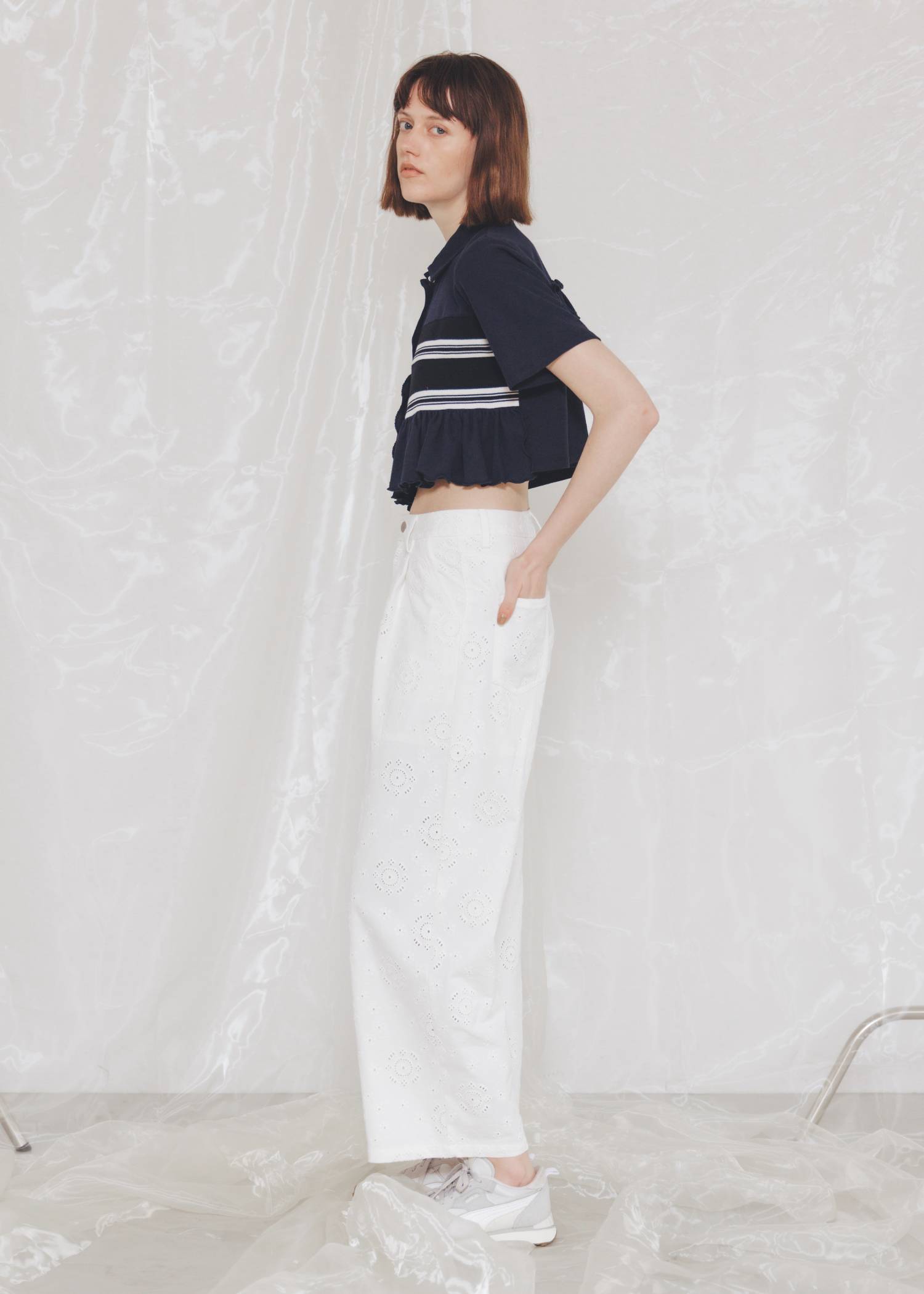 random frill pique cropped polo shirt