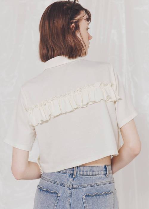 random frill pique cropped polo shirt