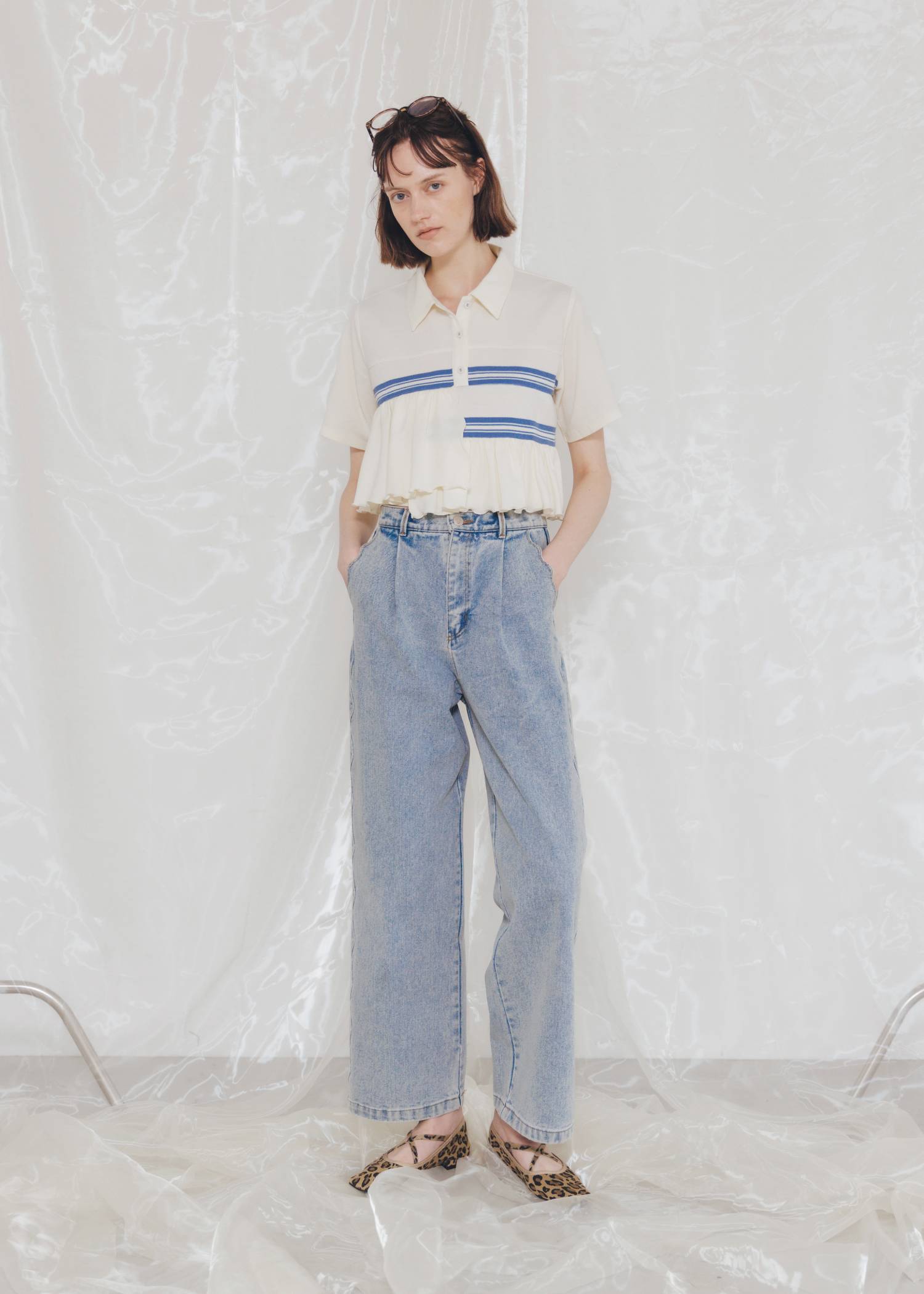 random frill pique cropped polo shirt