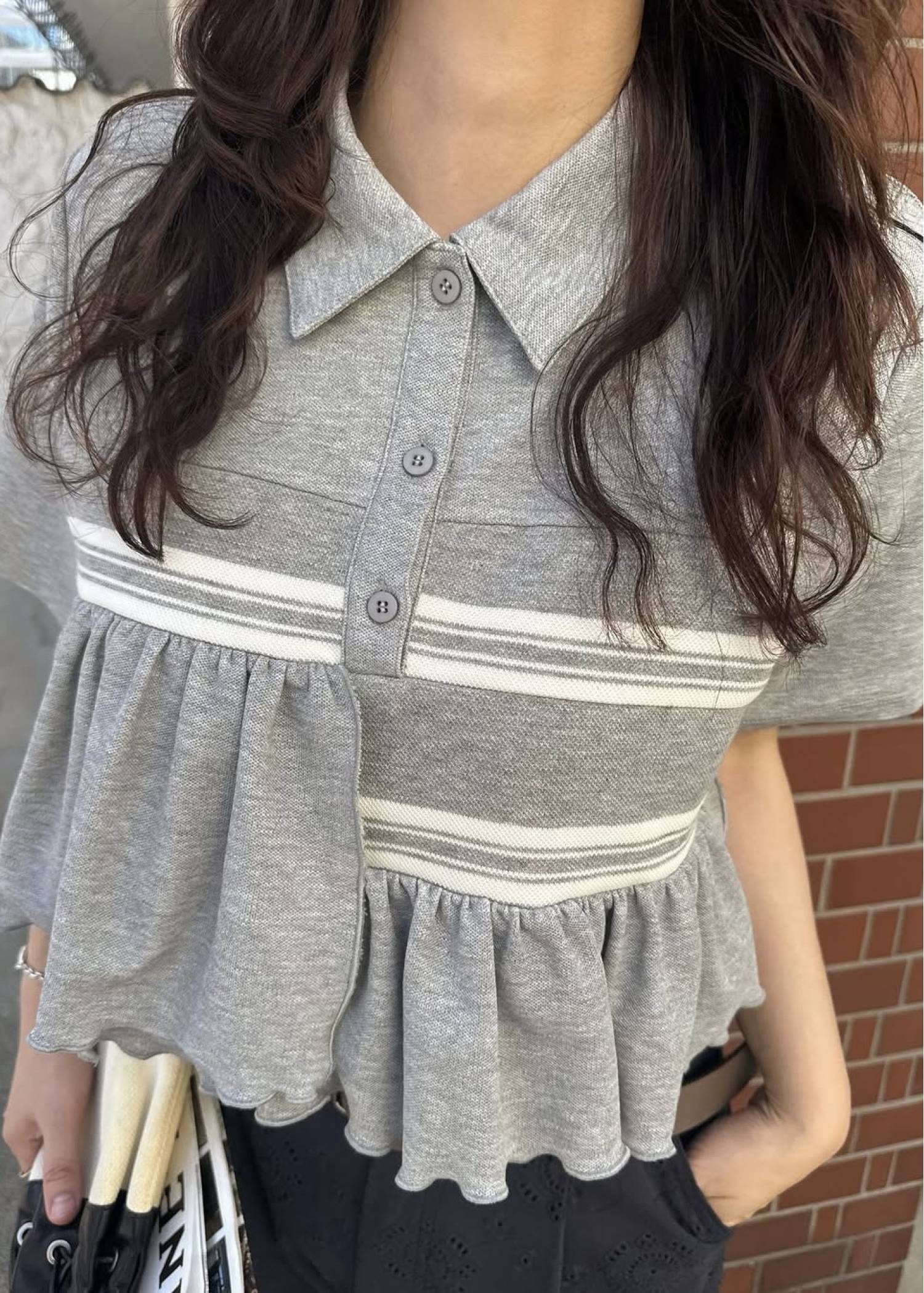 random frill pique cropped polo shirt