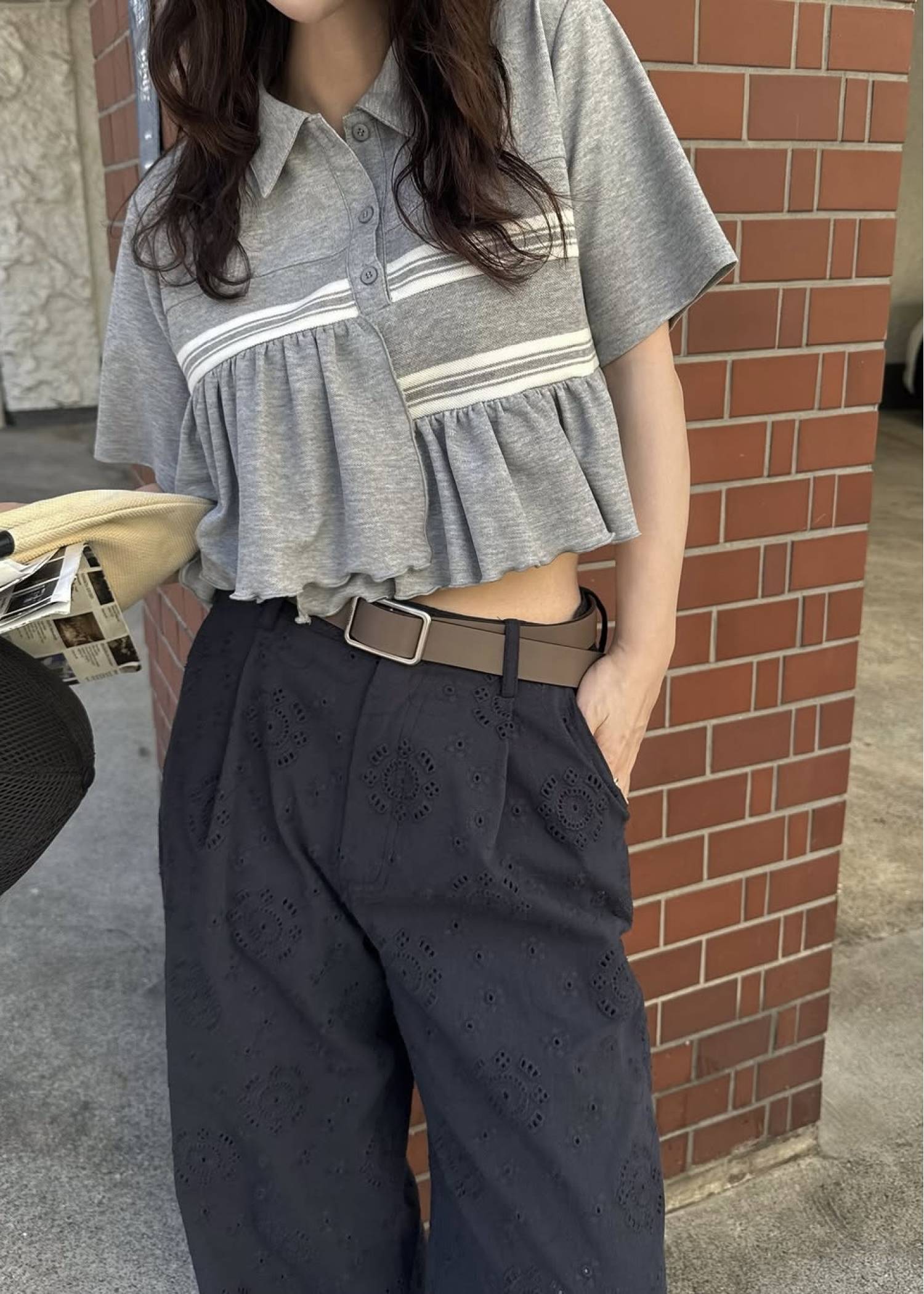 random frill pique cropped polo shirt
