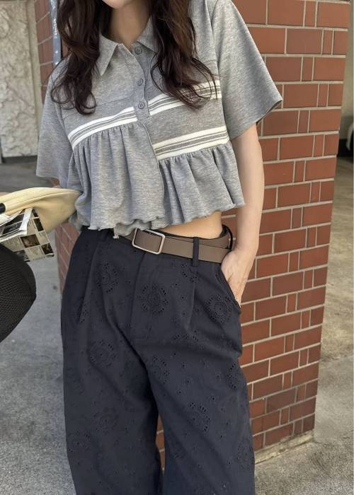 random frill pique cropped polo shirt