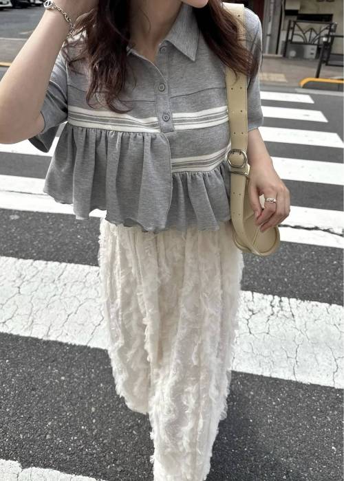 random frill pique cropped polo shirt