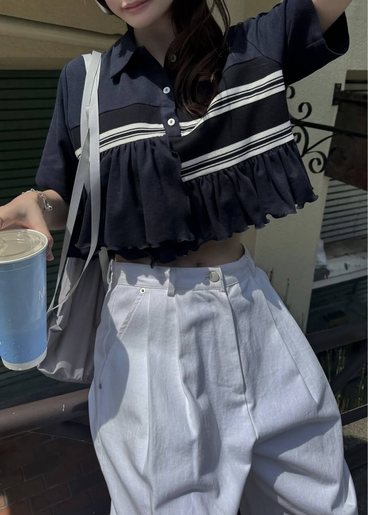 random frill pique cropped polo shirt
