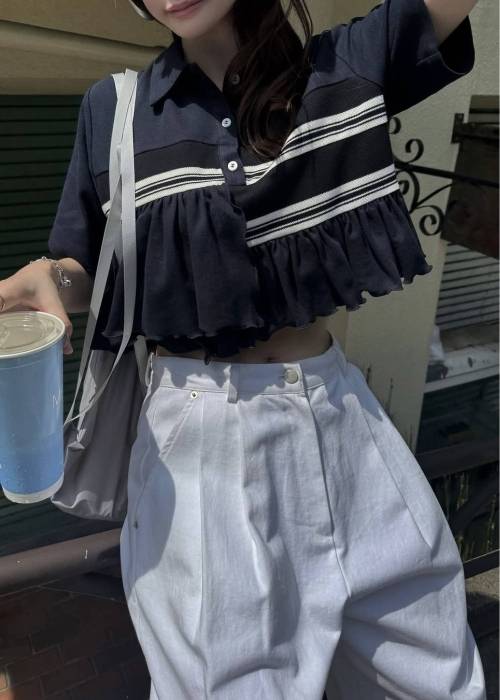 random frill pique cropped polo shirt