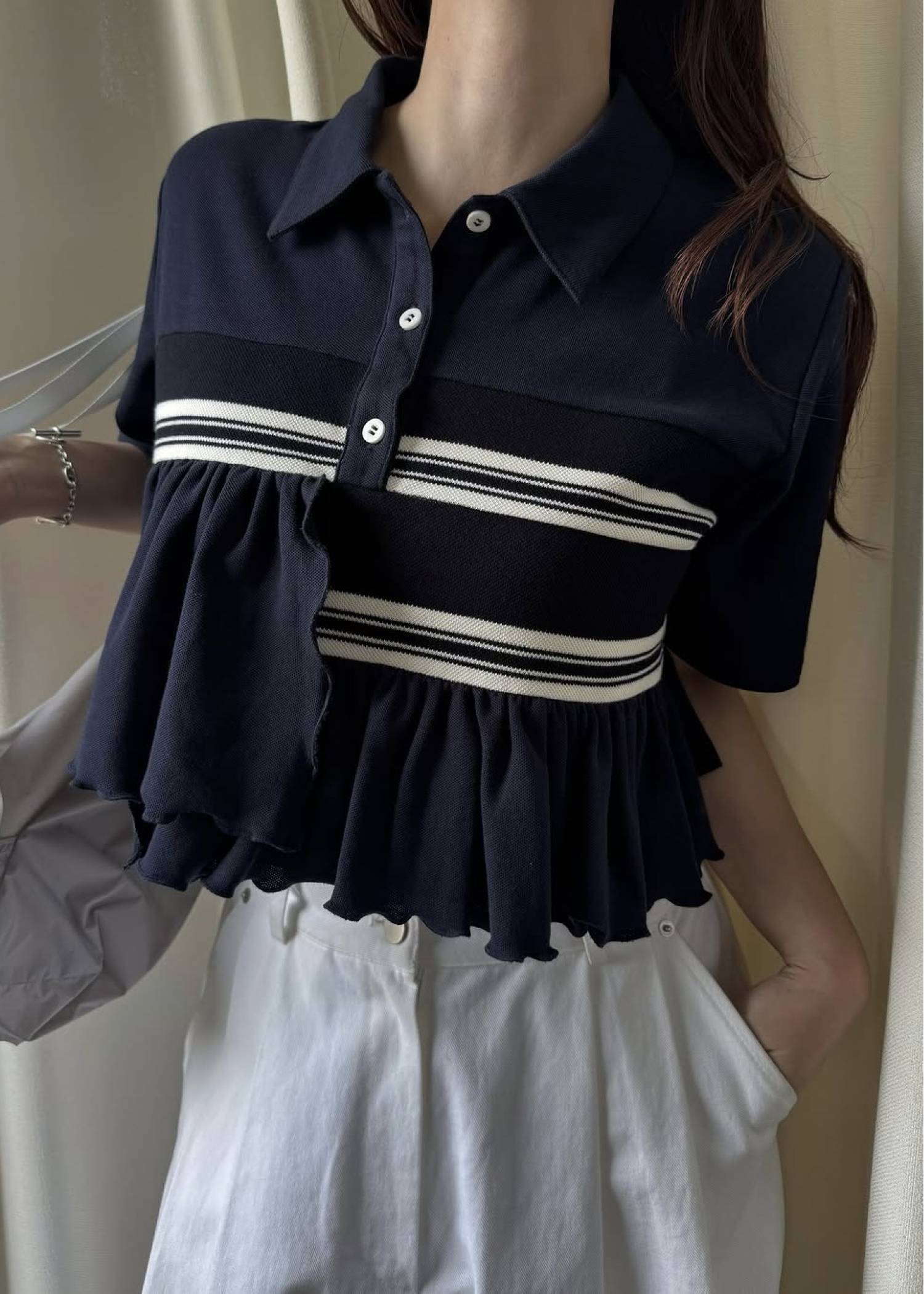 random frill pique cropped polo shirt