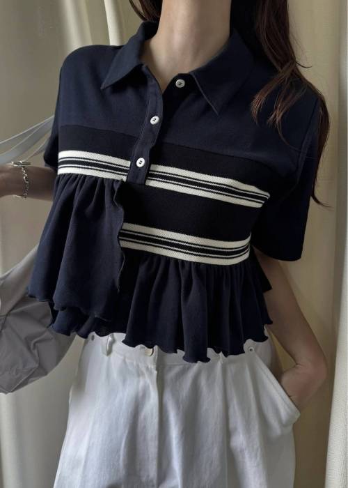 random frill pique cropped polo shirt
