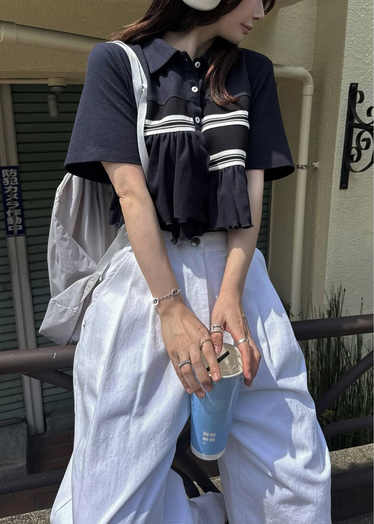 random frill pique cropped polo shirt