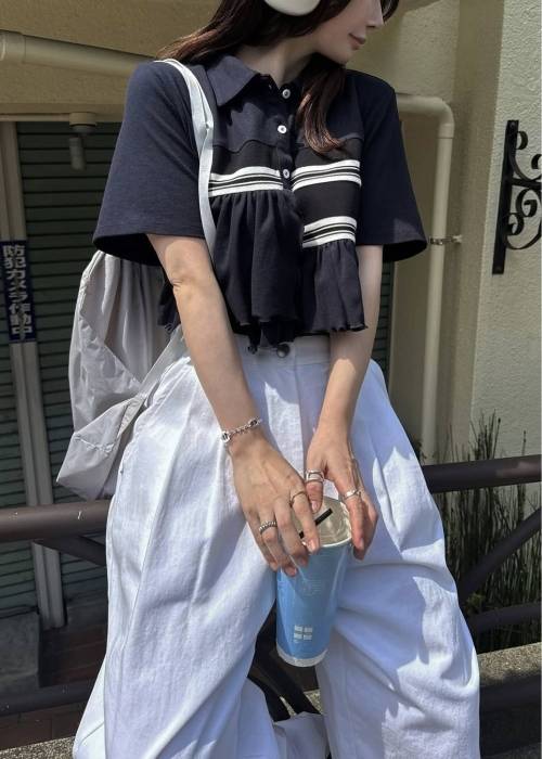 random frill pique cropped polo shirt