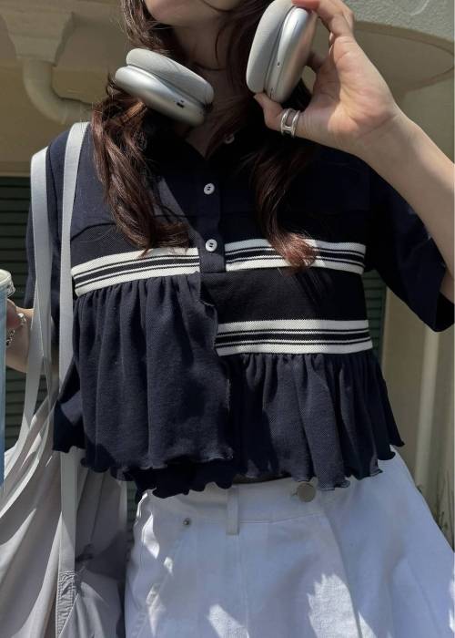 random frill pique cropped polo shirt