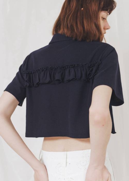 random frill pique cropped polo shirt