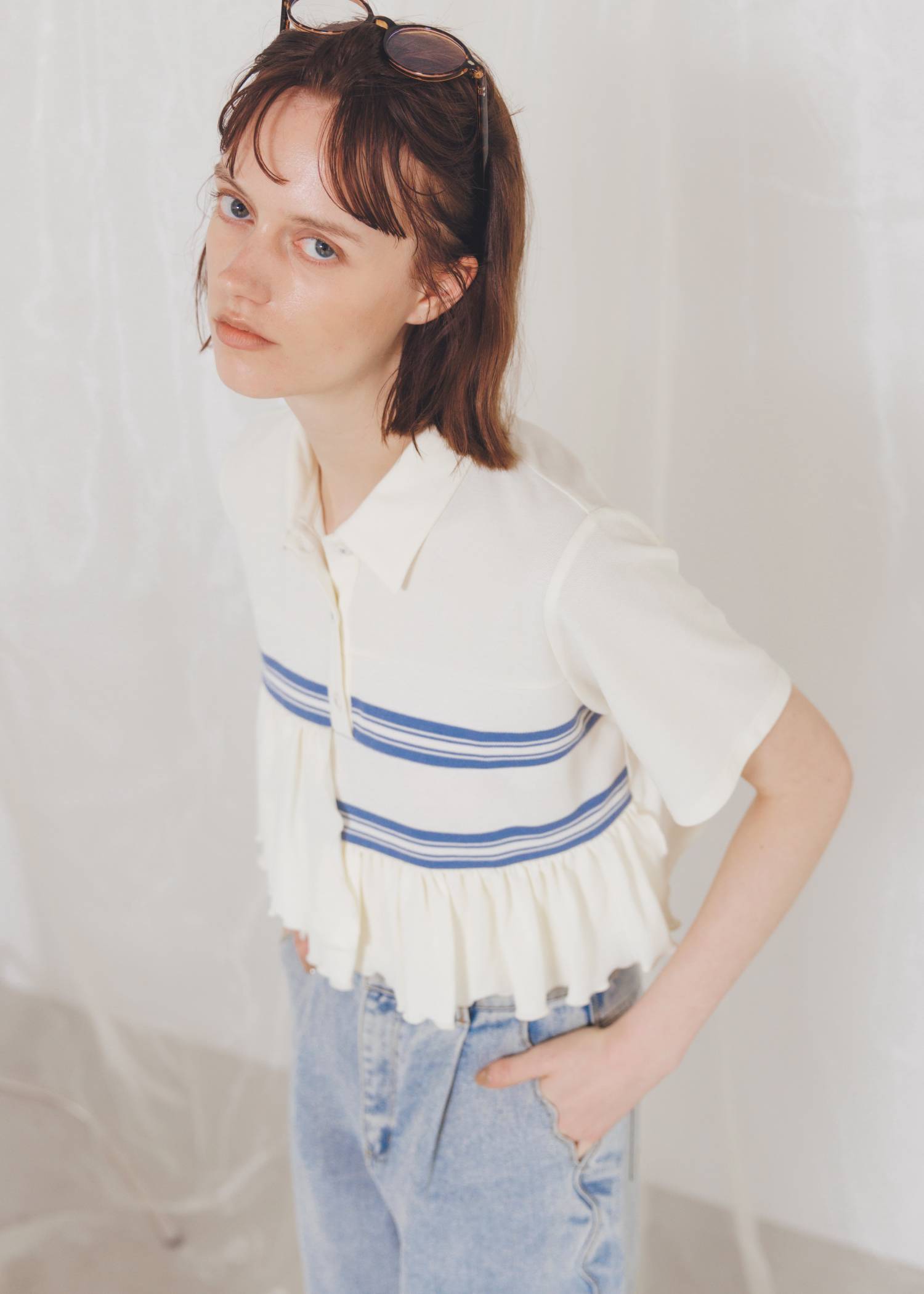 random frill pique cropped polo shirt