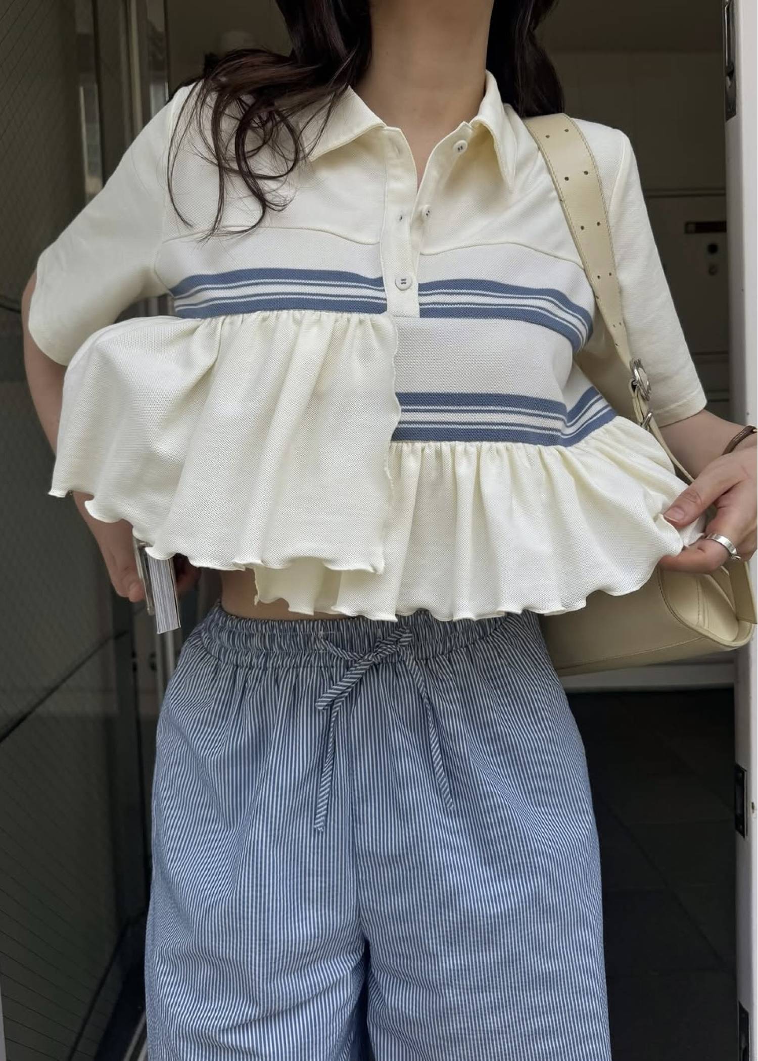 random frill pique cropped polo shirt