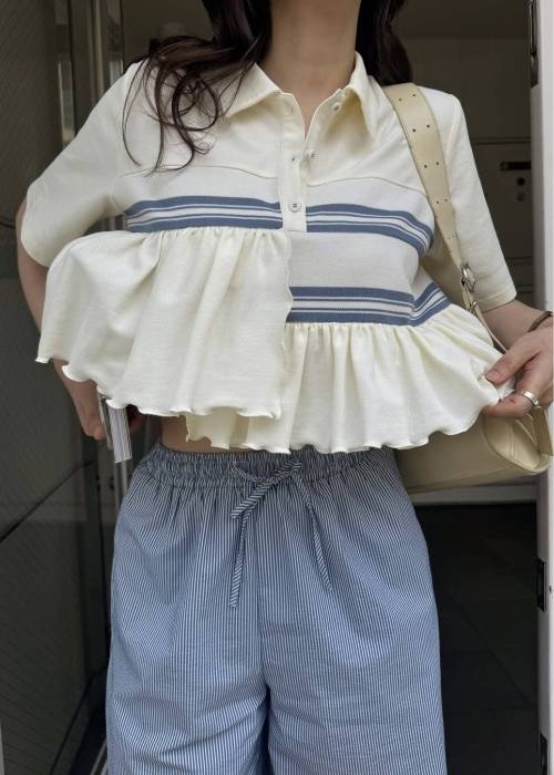 random frill pique cropped polo shirt
