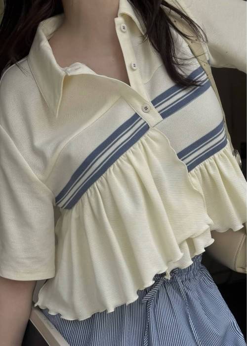 random frill pique cropped polo shirt