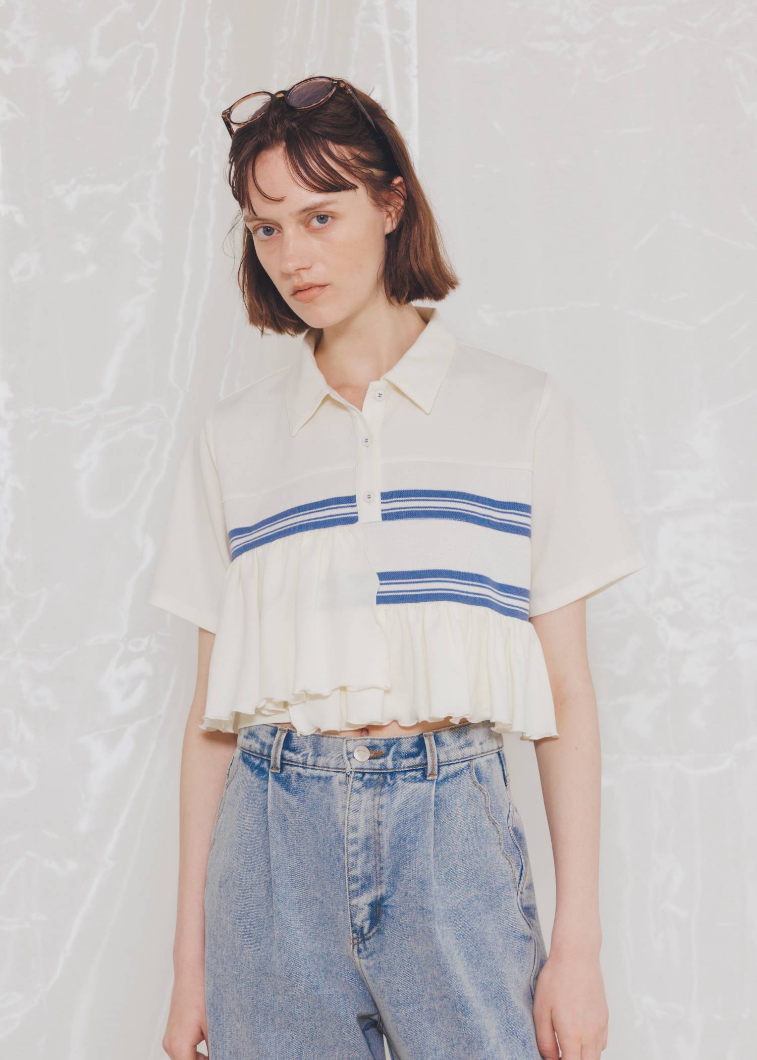 random frill pique cropped polo shirt